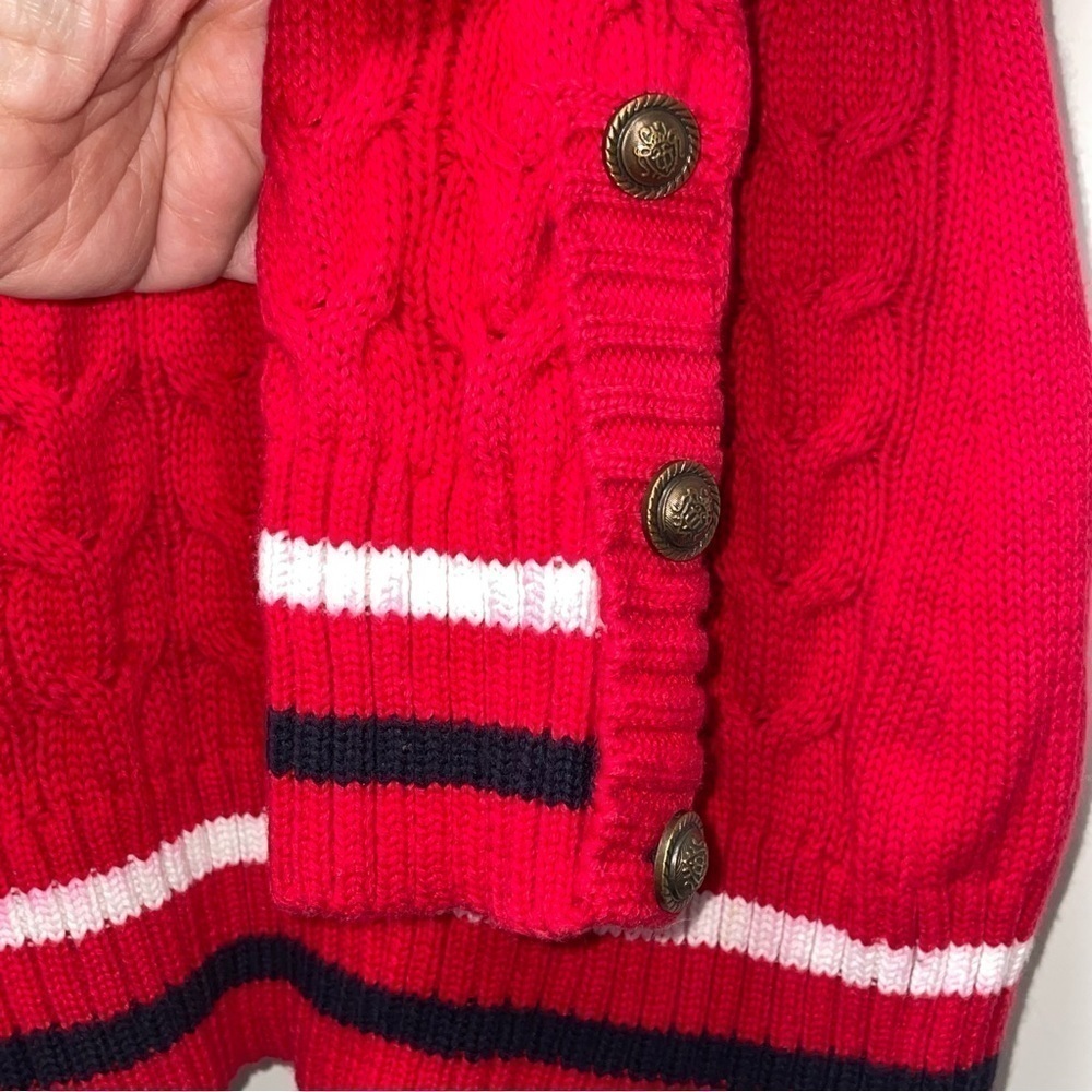 Vintage Twisted Cable Knit Sweater Long Cardigan Red Crest Rampant Lion Buttons - Picture 6 of 11